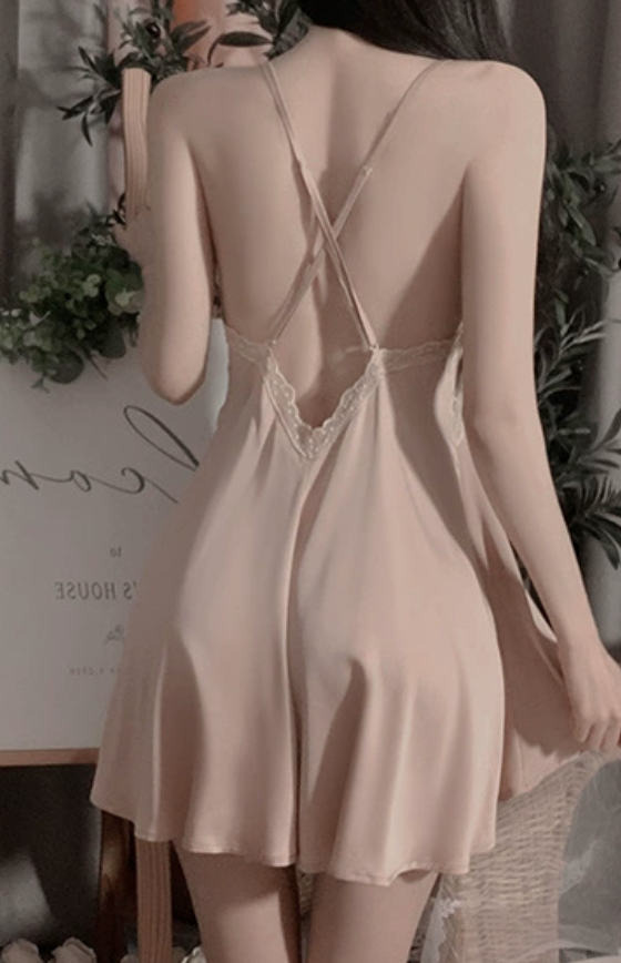 Rose Gold Lace Satin Nightdress & Robe – Elegant Silky Loungewear - SKU#63