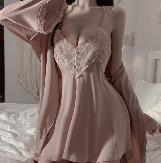 Rose Gold Lace Satin Nightdress & Robe – Elegant Silky Loungewear - SKU#63