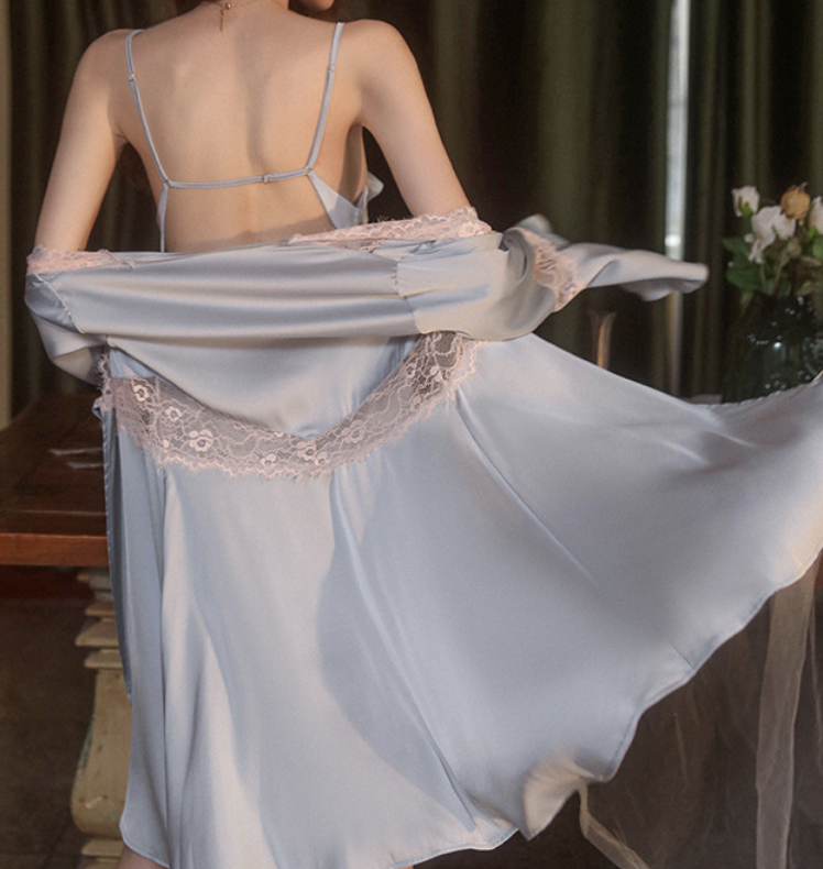 Luxury Light Blue Satin Lace Nightwear Set (Dress & Robe) – SKU#67