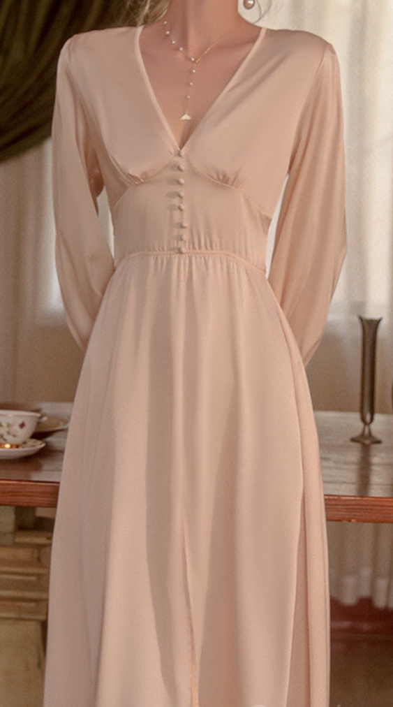 Elegant Long Satin Sleep Dress in Pink | Vintage-Inspired Nightgown - SKU#68