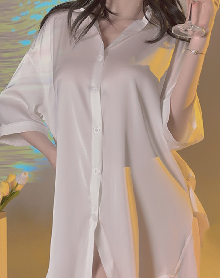 Elegant White Oversized Satin Shirt Nightdress | Size L – SKU# D23