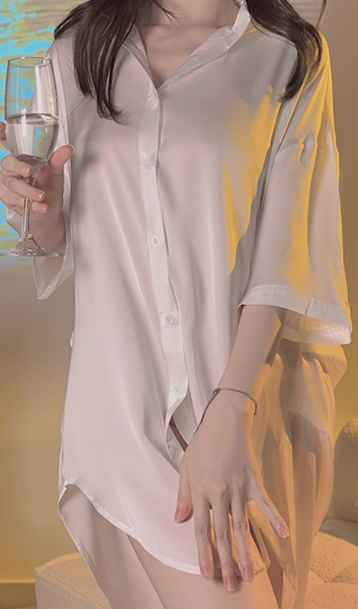 Elegant White Oversized Satin Shirt Nightdress | Size L – SKU# D23