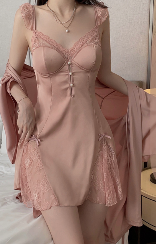Elegant Rose Gold Lace Satin Nightdress & Robe Option | Soft Sleepwear – SKU# 73
