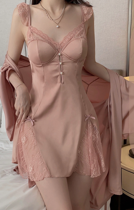 Elegant Rose Gold Lace Satin Nightdress & Robe Option | Soft Sleepwear – SKU# 73