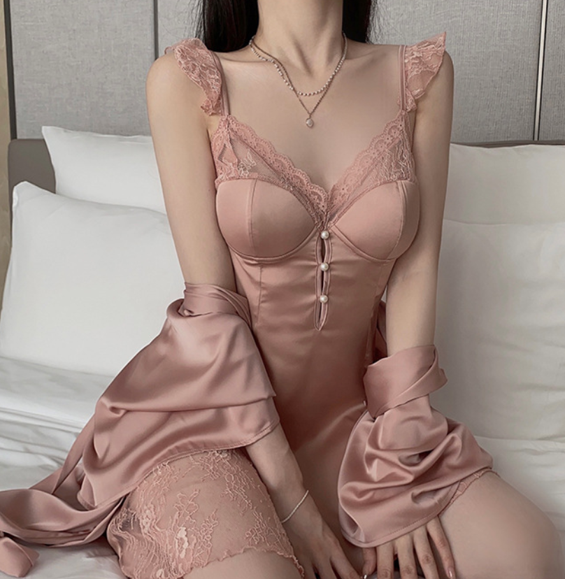 Elegant Rose Gold Lace Satin Nightdress & Robe Option | Soft Sleepwear – SKU# 73