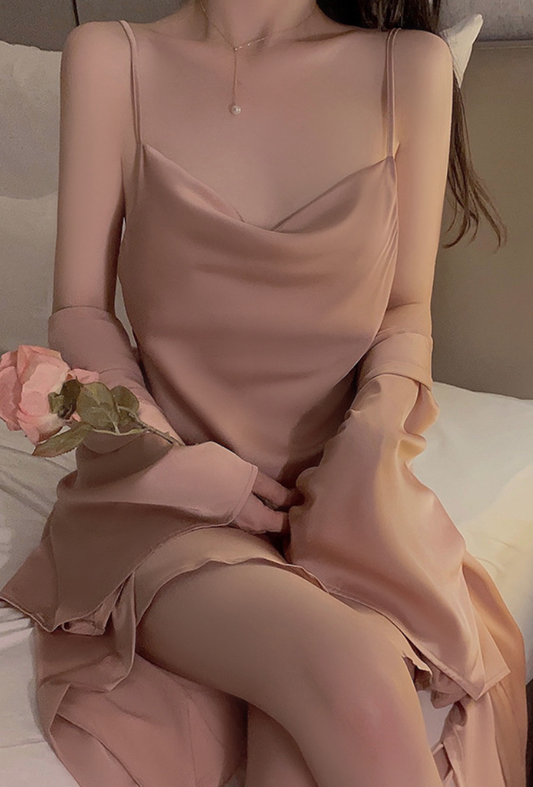 Rose Gold Satin Slip Dress & Robe Set | Polyester & Elastane – SKU# 74