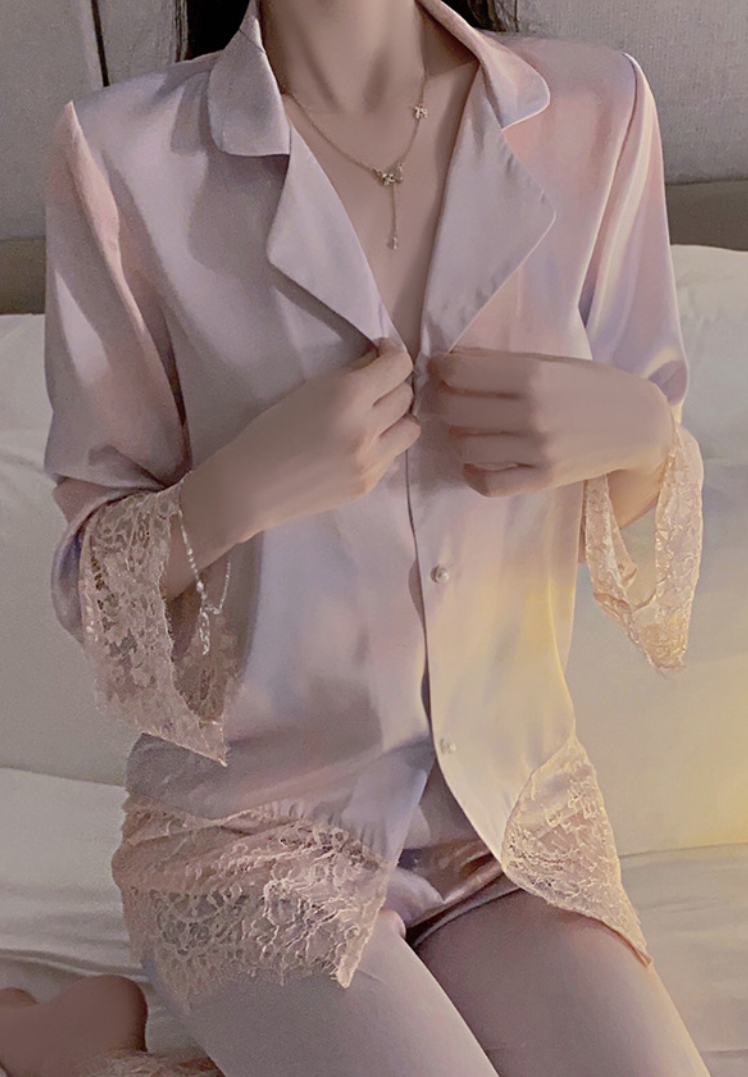 Elegant Purple Lace Satin Pyjama Set | Polyester, Nylon & Elastane – SKU# 77