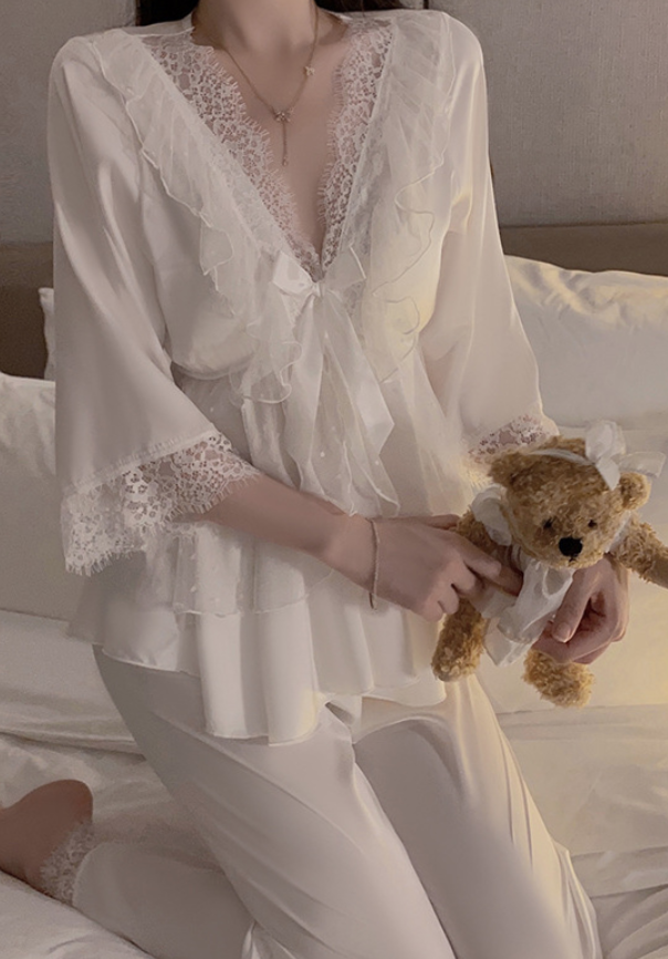 Elegant White/Purple Floral Lace Satin Pyjama Set – SKU# 78