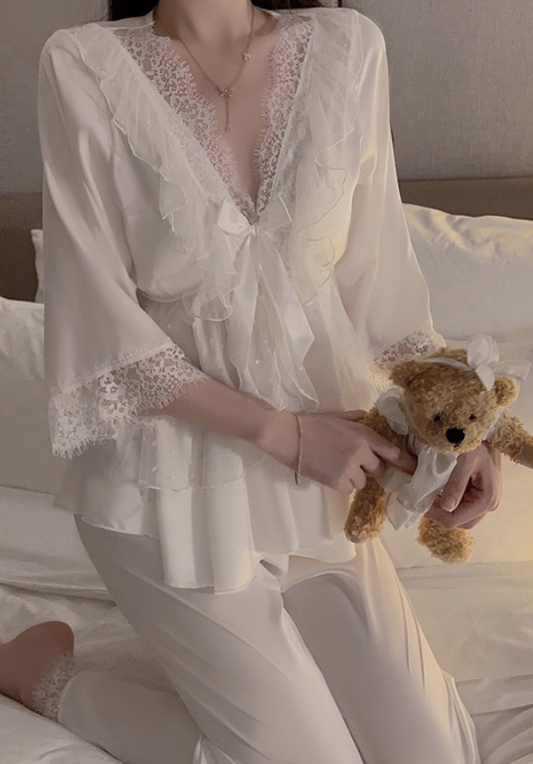 Elegant White/Purple Floral Lace Satin Pyjama Set – SKU# 78