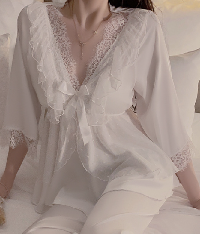 Elegant White/Purple Floral Lace Satin Pyjama Set – SKU# 78