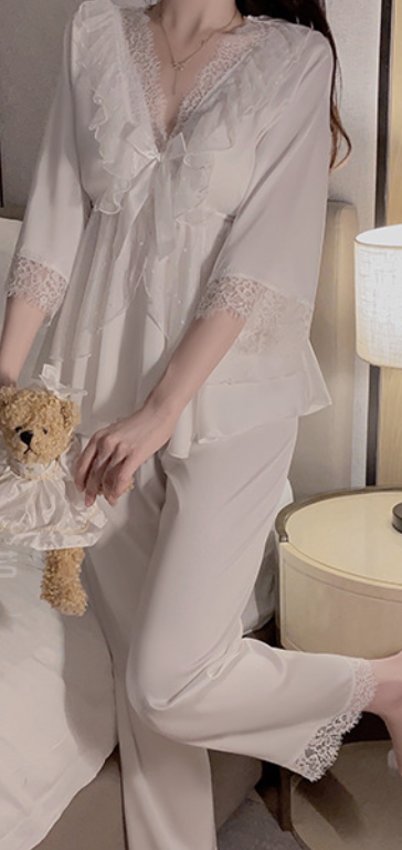 Elegant White/Purple Floral Lace Satin Pyjama Set – SKU# 78