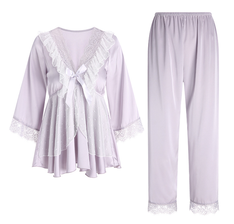 Elegant White/Purple Floral Lace Satin Pyjama Set – SKU# 78