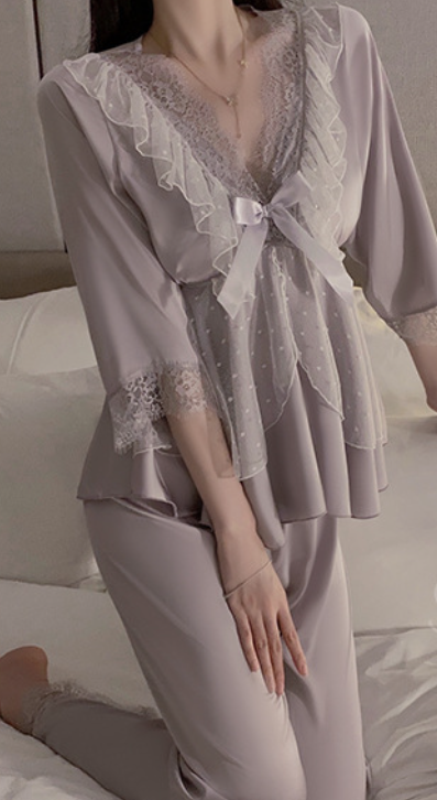 Elegant White/Purple Floral Lace Satin Pyjama Set – SKU# 78