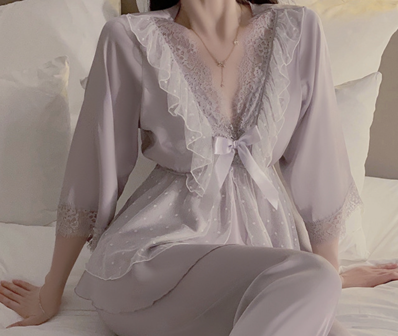 Elegant White/Purple Floral Lace Satin Pyjama Set – SKU# 78