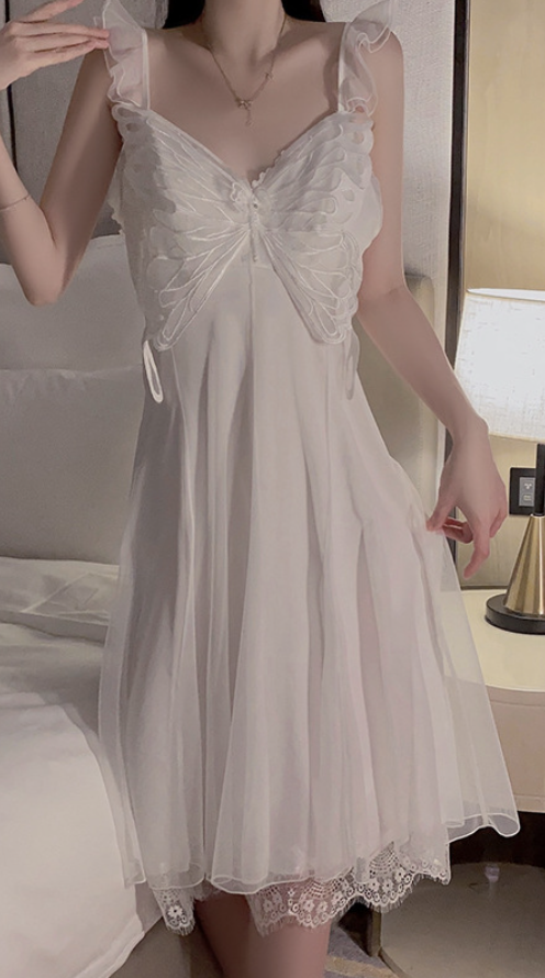 Elegant White Butterfly Lace Nightdress – SKU# 80