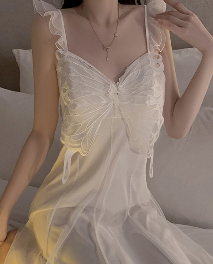 Elegant White Butterfly Lace Nightdress – SKU# 80
