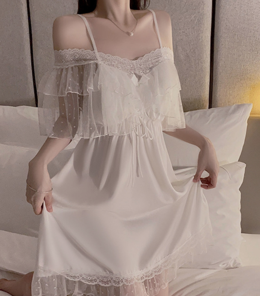 Elegant White Off-Shoulder Lace Nightdress – SKU# 81