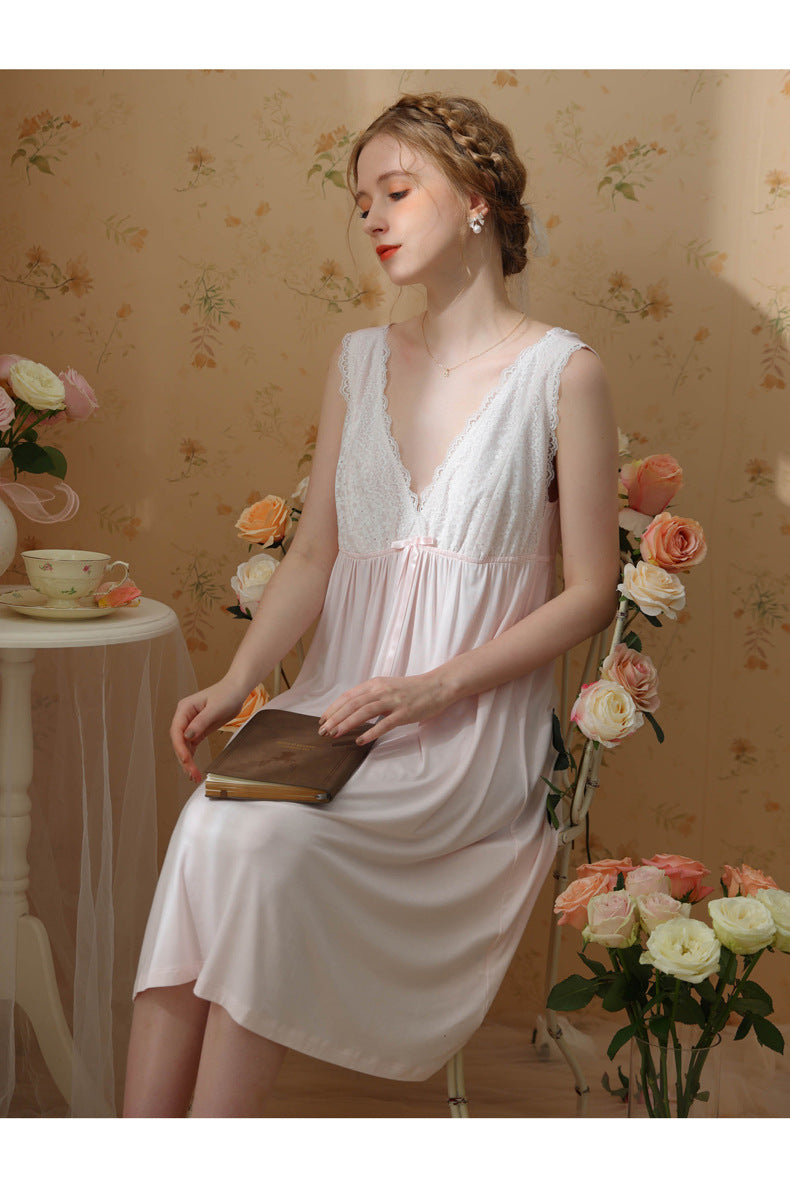 White & Pink Vintage Lace Midi Nightdress - SKU #13