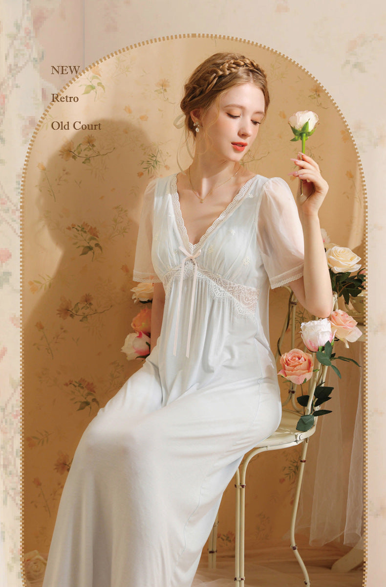 White & Blue Vintage Lace Maxi Nightdress – SKU #14