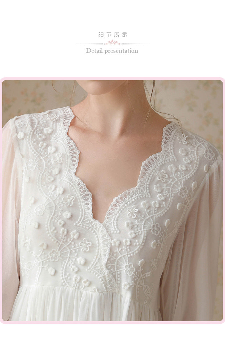 Vintage Long Sleeve Lace Nightgown – Elegant White Sleepwear - SKU #11