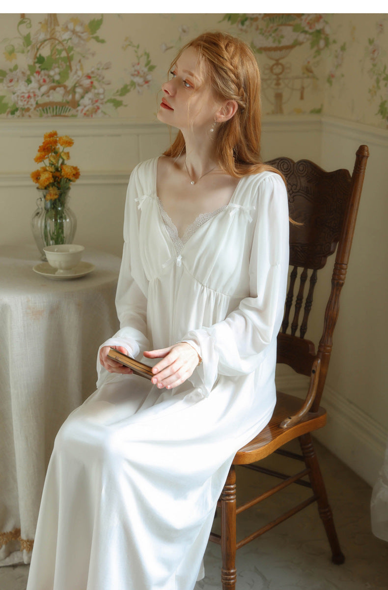 White Elegant Long Sleeve Lace Trim Nightgown - SKU #12