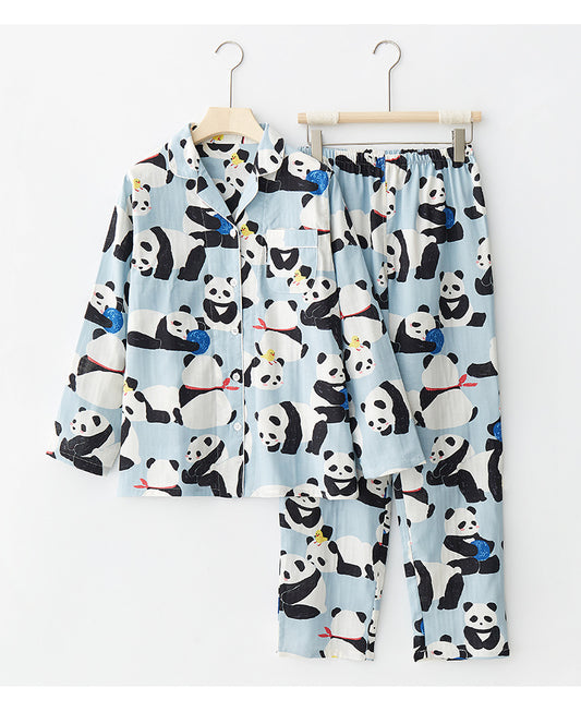 Blue Panda Cotton Pajama Set – Cute Long Sleeve Sleepwear for Women - SKU#30