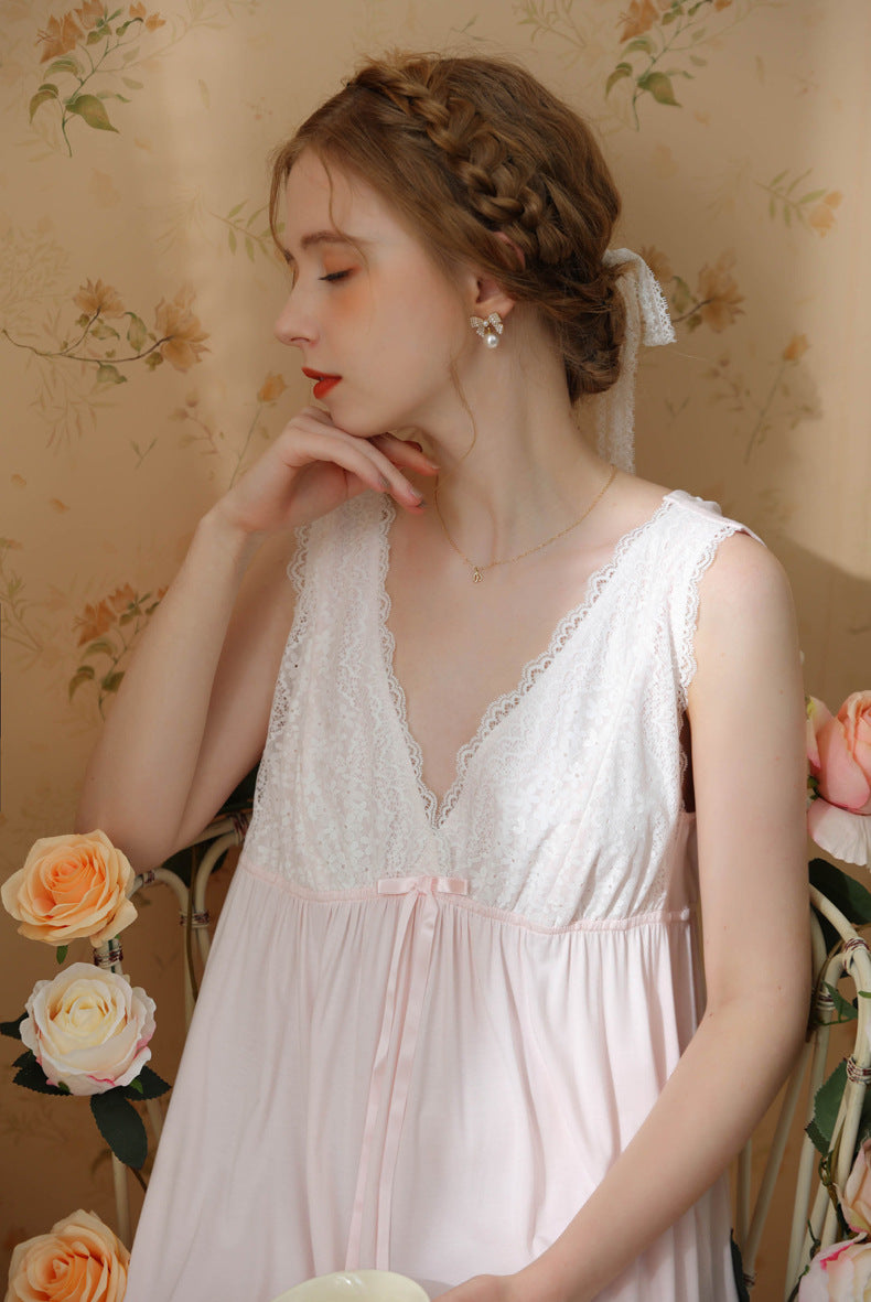 White & Pink Vintage Lace Midi Nightdress - SKU #13
