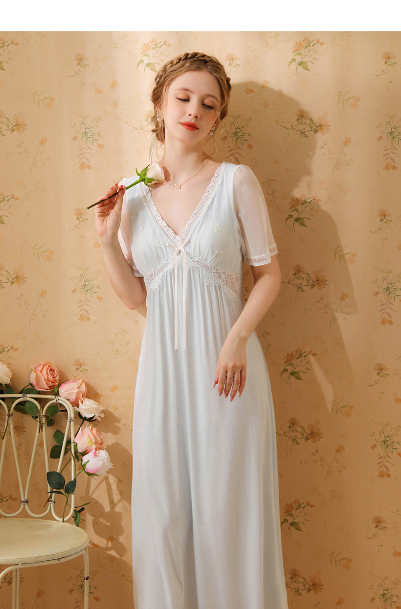White & Blue Vintage Lace Maxi Nightdress – SKU #14