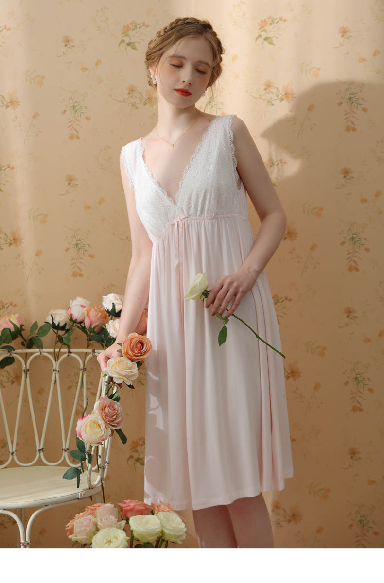 White & Pink Vintage Lace Midi Nightdress - SKU #13
