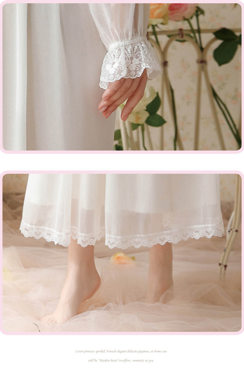 Vintage Long Sleeve Lace Nightgown – Elegant White Sleepwear - SKU #11