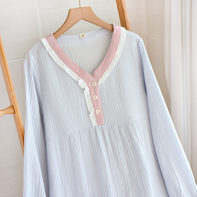 Cloud Whisper Women’s Cotton Gauze Nightdress – Soft Blue with Pink Trim - SKU #21