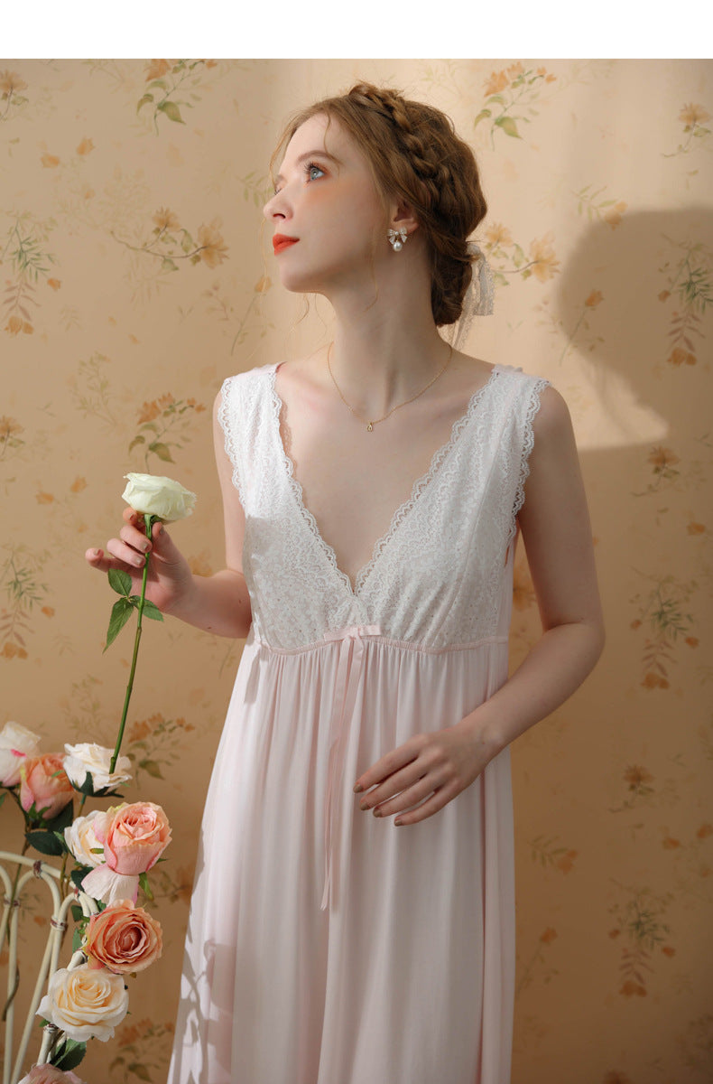 White & Pink Vintage Lace Midi Nightdress - SKU #13