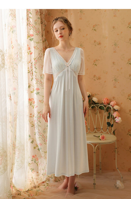 White & Blue Vintage Lace Maxi Nightdress – SKU #14