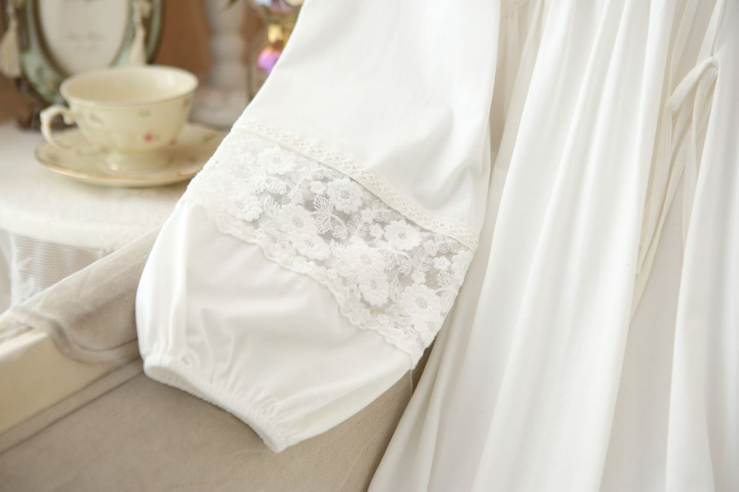 White French Lace Cotton Long Sleeve Nightdress - SKU #2