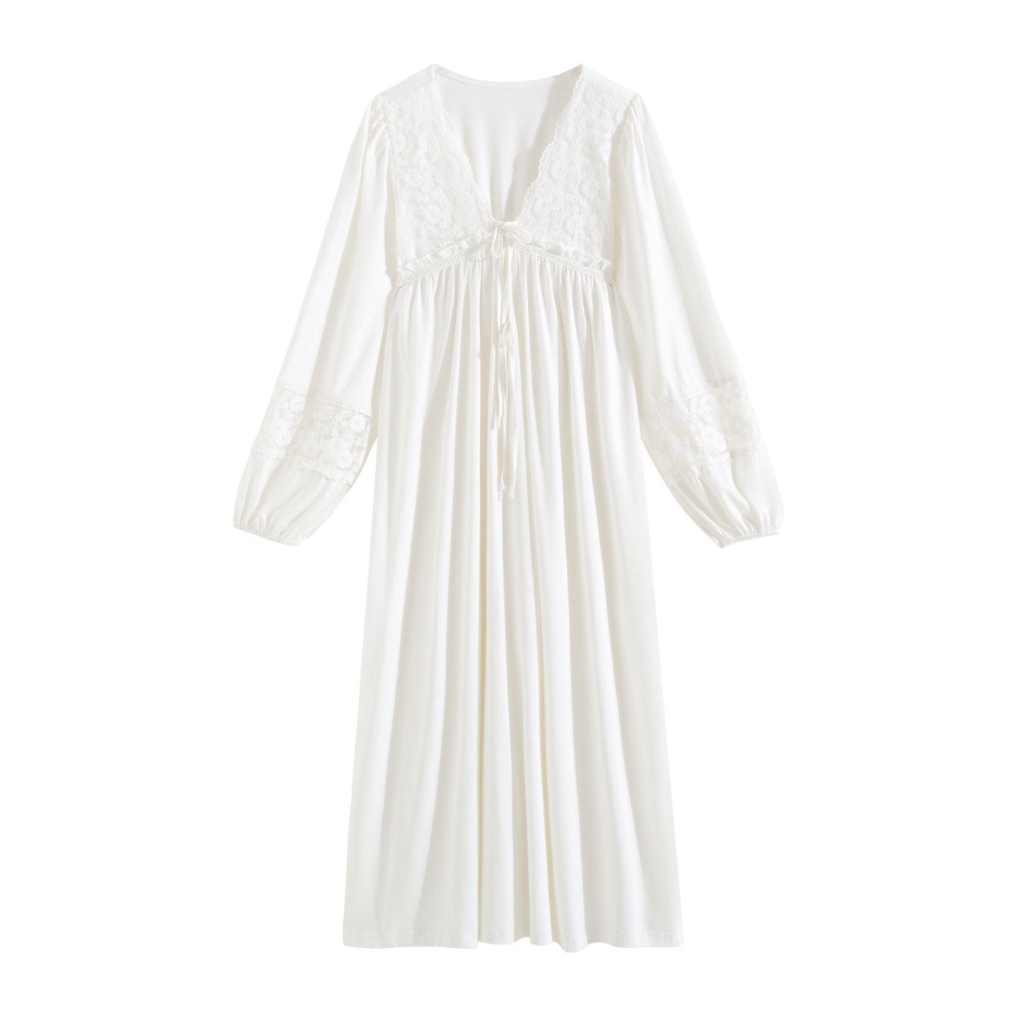 White French Lace Cotton Long Sleeve Nightdress - SKU #2