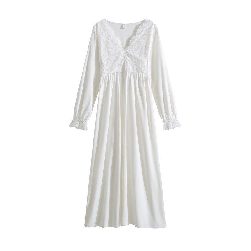 White Lace Long-Sleeve Nightdress - SKU #9
