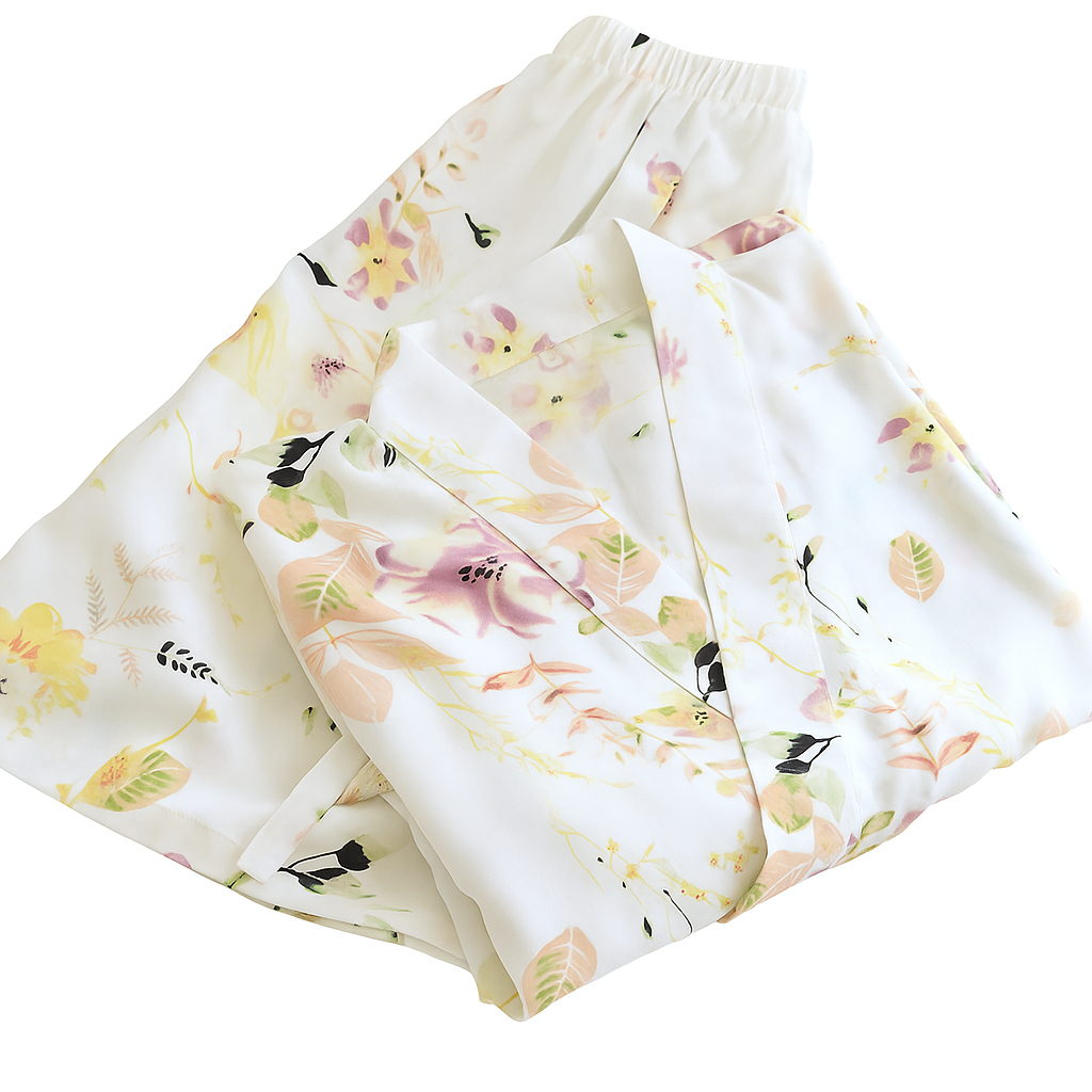 Sunlit Bloom Women’s Viscose Kimono Pajama Set – Light Floral Wrap Sleepwear - SKU #20