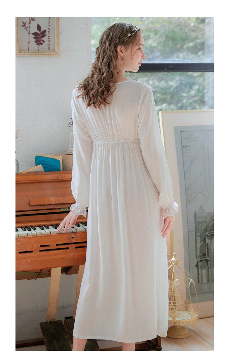 White Lace Long-Sleeve Nightdress - SKU #9
