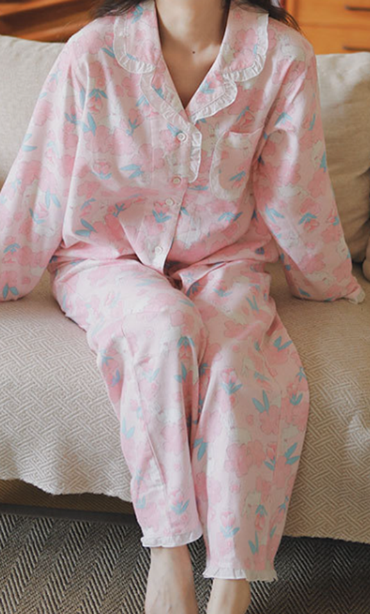 Pink Floral Brushed Cotton Pajama Set – Long Sleeve Ruffle Sleepwear for Women - SKU#D7