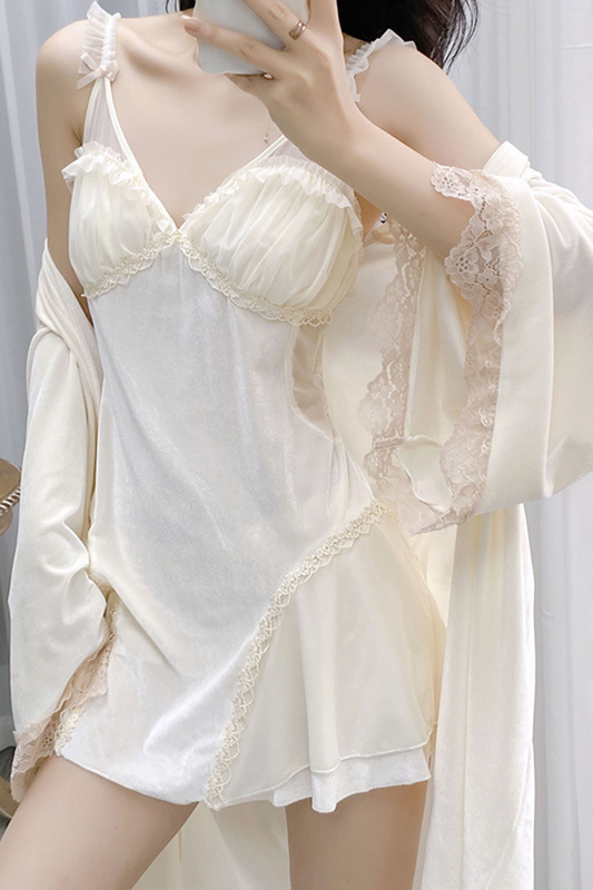 Ivory Lace Velvet Sleepwear Set – 2-Piece Satin Feel Nightdress & Robe - SKU#D20