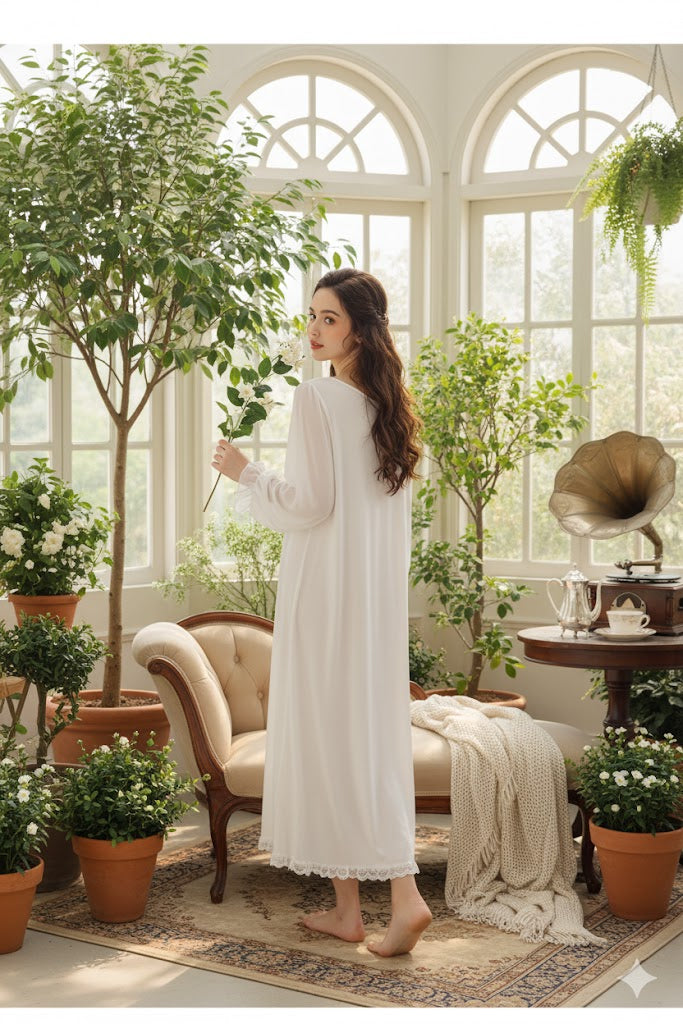 Vintage White Lace Long Sleeve Maxi Nightdress - SKU #15