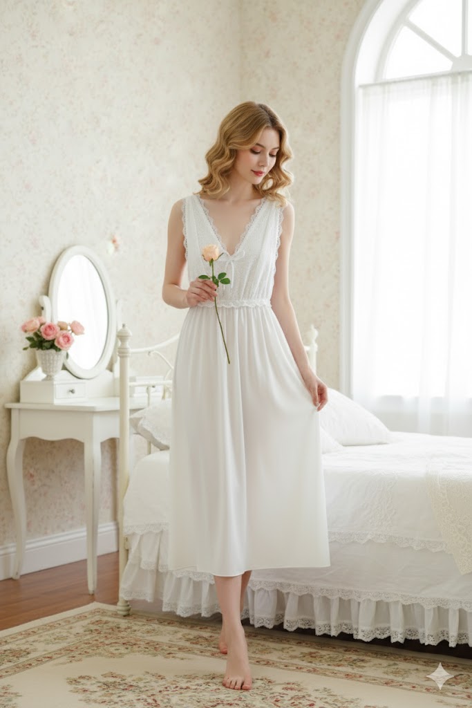 White Lace Vintage Sleeveless Nightdress - SKU #7