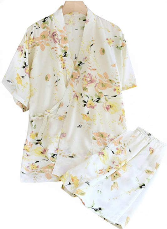 Sunlit Bloom Women’s Viscose Kimono Pajama Set – Light Floral Wrap Sleepwear - SKU #20