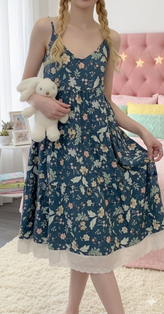 Navy Floral Smock Tiered Midi Dress V-Neck AU - SKU #26