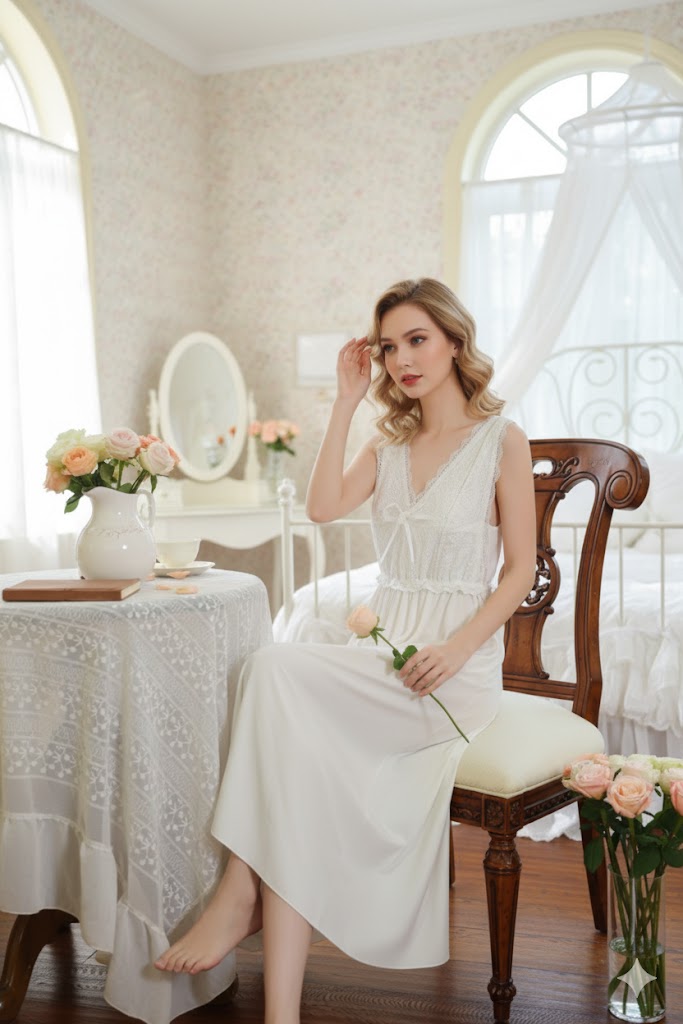 White Lace Vintage Sleeveless Nightdress - SKU #7
