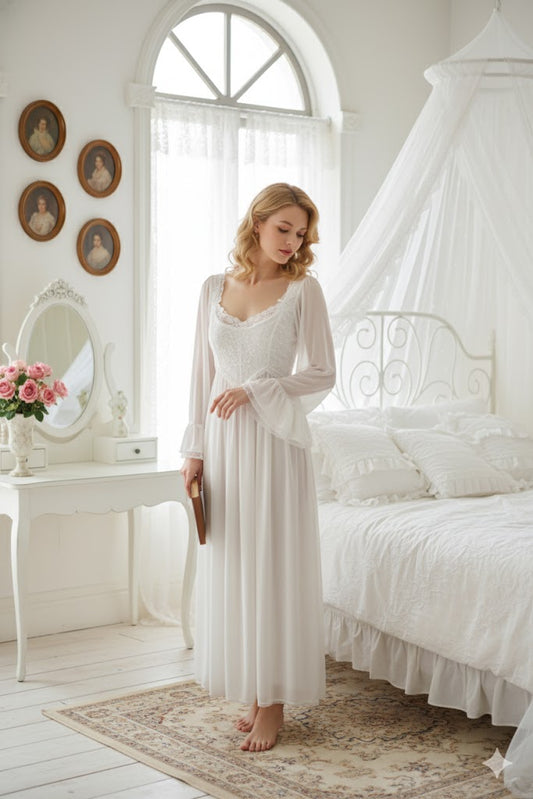 White Vintage Lace Long-Sleeve Nightdress - SKU #4