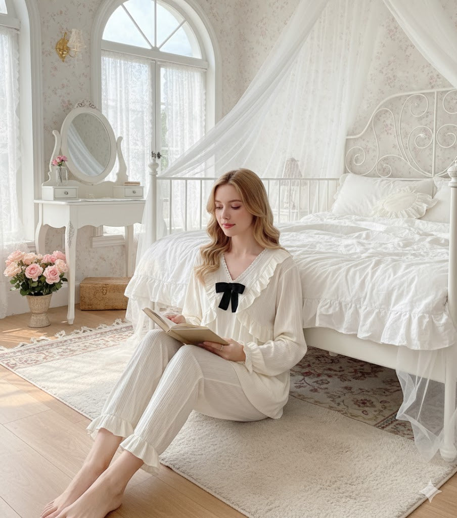 Cream Ruffle Bow Long Sleeve Lounge Set – Pawsy Dreams - SKU #16