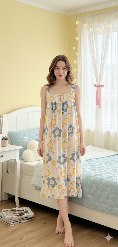 Soft Cotton Floral Sleeveless Nightdress – Pastel Vintage Style Loungewear - SKU#27