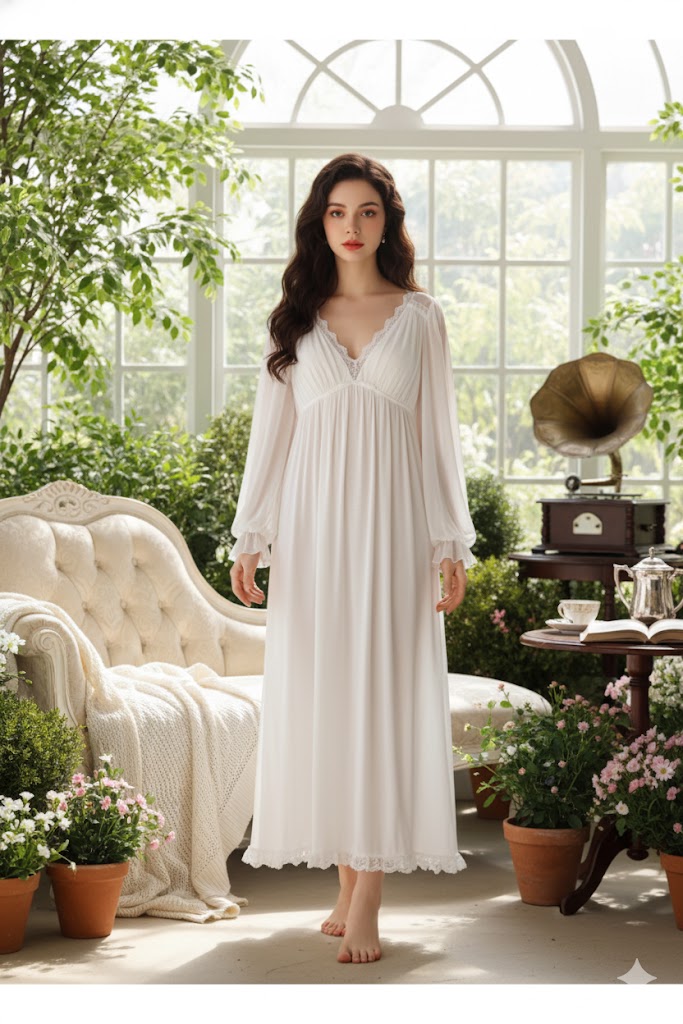 Vintage White Lace Long Sleeve Maxi Nightdress - SKU #15