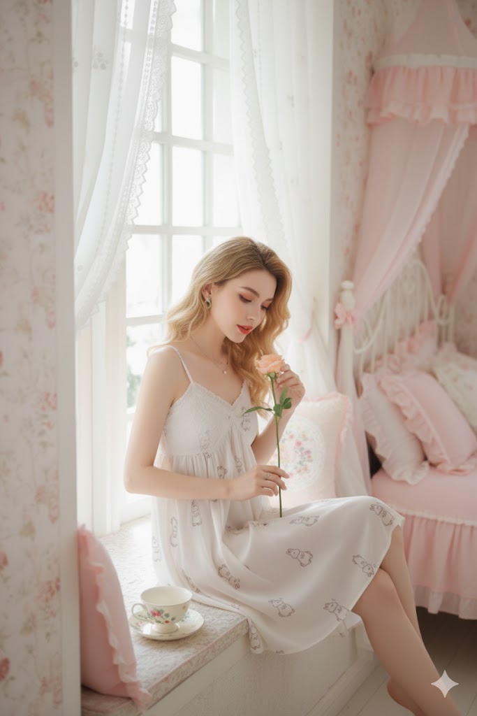 Apricot Bunny Print Lace Nightdress – Pawsy Dreams Sleepwear - SKU #6